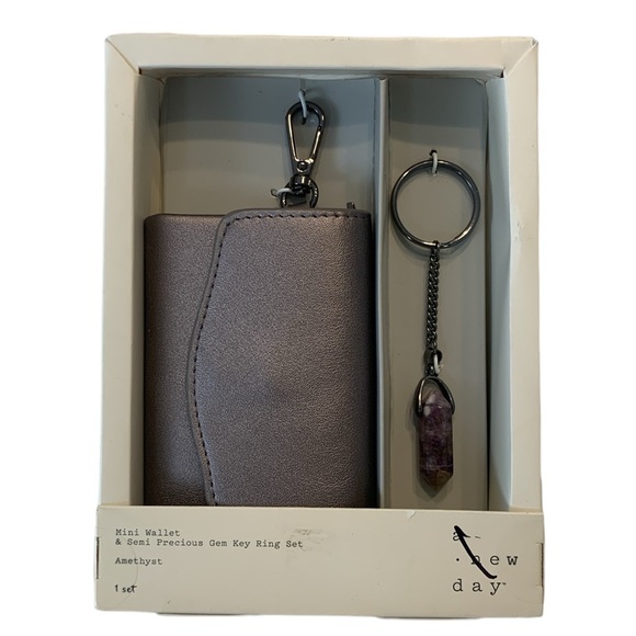 a new day Handbags - A New Day Metallic Gray Mini Wallet & Semi Precious Amethyst Gem Key Ring Set